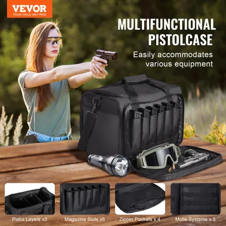 Range Bag for 3 Pistols, Tactical Gun Range Bag with 2 Detachable Baffles & 6 Magazines, Firearm Shooting Handgun Bag for Outdoo