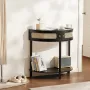 Half-moon Rattan Console Table with 2 Drawers, Rattan Entryway Table with Natural Rattan Sliding Door, Console Table with Storag
