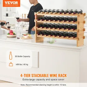 36 Bottle Stackable Modular Wine Rack Bamboo Wood Display Shelf 4-Tier