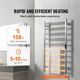 10 Bars Towel Warmer Rack Wall Mounted Heated Towel Rack Bathroom Silver