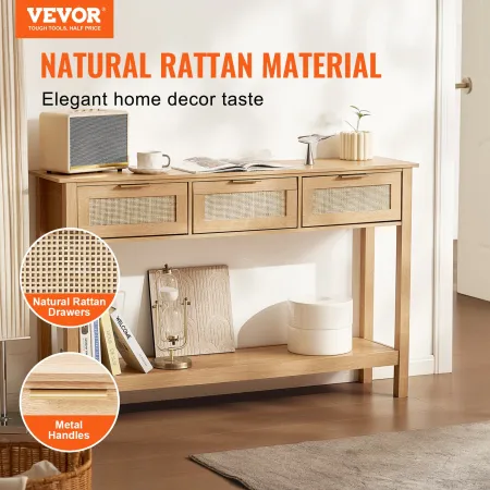 Rattan Console Table with 3 Storage Drawers, Rattan Entryway Table with Natural Rattan Sliding Door, Console Sofa Table for Livi