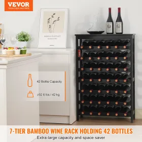 42 Bottle 7-Tier Modular Wine Rack Bamboo Wood Display Shelf with TableTop
