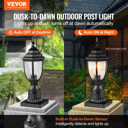 2 Pack Dusk to Dawn Outdoor Post Light, 390 mm, Waterproof Lamp Post Light Fixtures with 3.5 in Pier Mount Base Glass Shade, Lig