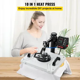 Heat Press 12x15 tommer 10 i 1 varmepresse 1000W varmepressemaskine med 360 ° rotation sving væk hvid varmepress t-shirt