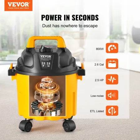Wet/Dry Shop Vacuum, 10L 2 Peak HP, Efficient Suction & Blower w/ Nozzle,Casters, Portable Shop Vacuum with Attachments, Lightwe