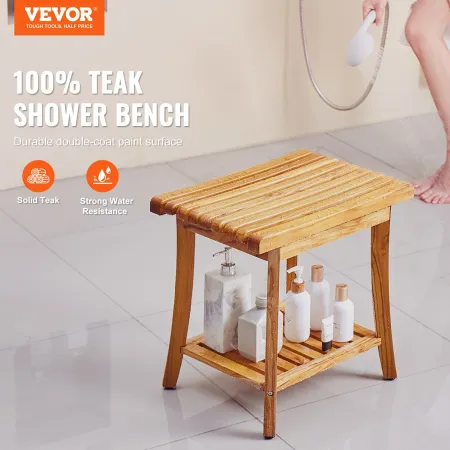 Teak Shower Bench, 20 x 14.3 x 17.9 in, Waterproof Wood Shower Stool with Storage Shelf Non-Slip Foot Pads, 400 lbs Maximum Load