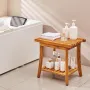 Teak Shower Bench, 20 x 14.3 x 17.9 in, Waterproof Wood Shower Stool with Storage Shelf Non-Slip Foot Pads, 400 lbs Maximum Load