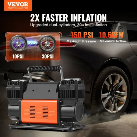 10.6 CFM Heavy Duty Air Compressor, 30s Fast Inflation | Dual-Cylinder Portable Tire Inflator, 12V 150PSI Offroad Air Pump with 