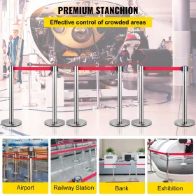 Crowd Control Stanchion, Set of 6 Pieces Stanchion Set, Stanchion Set w/ 6.6ft/2m Red Retractable Belt, Silver Crowd Control