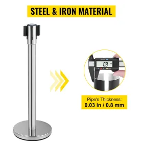 Crowd Control Stanchion, Sæt med 2 stykker Stanchion Set, Stanchion Set med 6,6 ft/2 m sort udtrækkeligt bælte, sølv publikum
