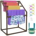 Pool Towel Rack, 5 Bar, Brown, Freestanding Outdoor PVC Trapedozal Poolside Storage Organizer, Include 8 Towel Clips, Mesh Bag,