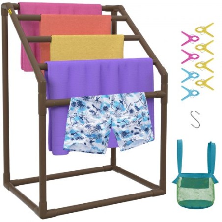 Pool Towel Rack, 5 Bar, Brown, Freestanding Outdoor PVC Trapedozal Poolside Storage Organizer, Include 8 Towel Clips, Mesh Bag,