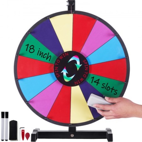 18 inch Spinning Prize Wheel, 14 Slots Tabletop Spinner, Heavy Duty Roulette Wheel with a Dry Erase and 2 Markers, Win Fortune