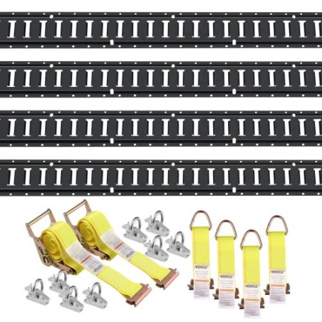 E Track Tie-Down Rail Kit, 18PCS 5' E-Tracks Set Includes 4 Steel Rails & 8 O-Ring Anchors & 4 Tie-Offs with D-Ring & 2 Ratchet