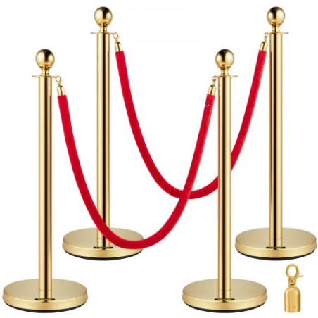Sæt med 2 Gold Round Top -køkontrolbarriereindlæg står Sikkerhedsstanchion Rope Divider med 1,5 m Red Rope Crowd Control