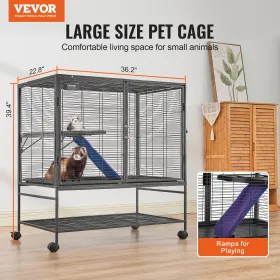 39" Rolling Metal Ferret Cage, Large 2-Tier Critter Nation Cage, Small Animal Cage with Ramps & Tray, Easy to Set up for Pet Rat