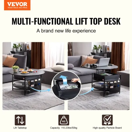 Lift Top Coffee Table, 35.3 in Round Coffee Table with Extra Storage Pockets, Pop Up Coffee Table for Living Room, Black