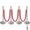 4 Pack Retractable Silver Round Top Stanchion Post Queue Crowd Control Barrier Posts Line Pole with 1.5M Red 2 Velvet Rope