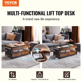 Løft top sofabord 39.4 "Rektangel sofabord med lys & USB Brown