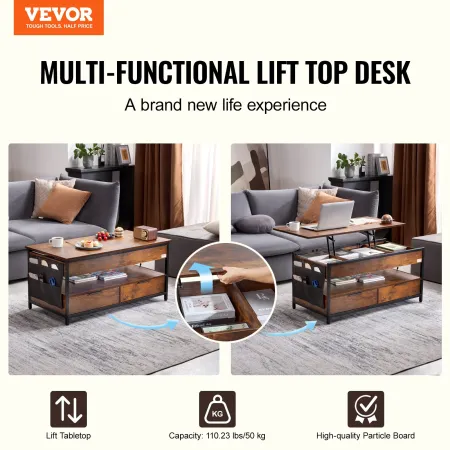 Lift Top Coffee Table, 39.4 in Rectangle Coffee Table with Extra Storage Pockets, Pop Up Coffee Table with Power Strip & USB & A
