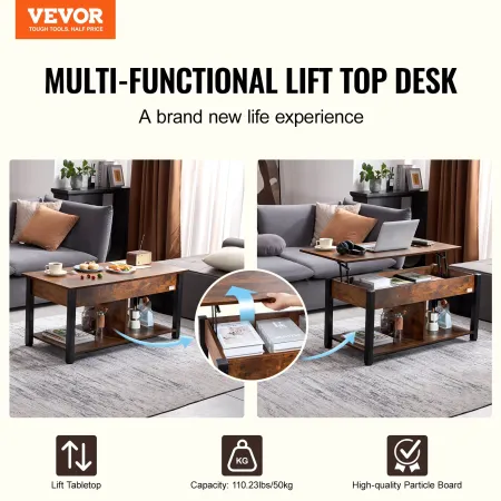 Lift Top Coffee Table, 41.7 in Rectangle Coffee Table with Extra Storage Pockets, Pop Up Coffee Table for Living Room, Brown