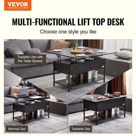 Løft top sofabord 39.4 "rektangel sofabord med lys & USB sort