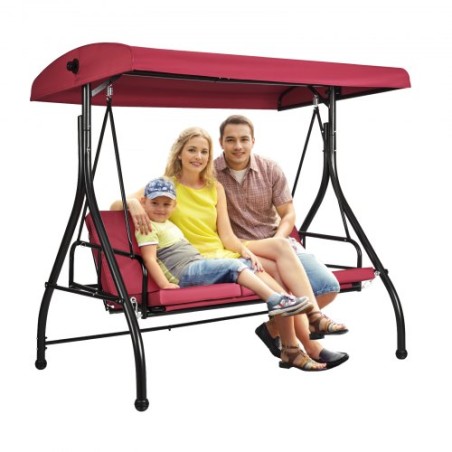 3-Seat Patio Swing Chair, Converting Canopy Swing, Outdoor Patio Porch with Adjustable Canopy, Removable Thick Cushion and