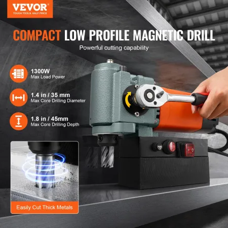 Magnetic Drill Press, 1300W Low Profile Mag Drill, Light Weight Portable Mag Drilling Machine with Cooling Device and Overload P