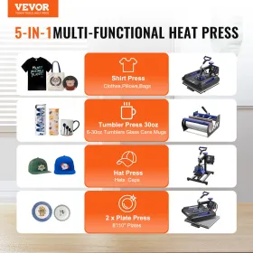 8 I 1 Heat Press Machine 15x15 i 30 oz tumbler Press T-shirts Black+Blue