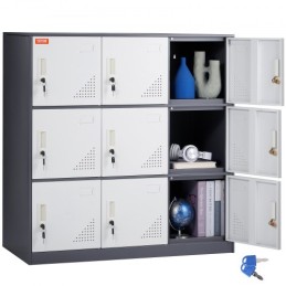 Metal Locker for Employees, 9 Doors Storage Cabinet with Card Slot, Gray Steel Employee Lockers with Keys, 66lbs Loading
