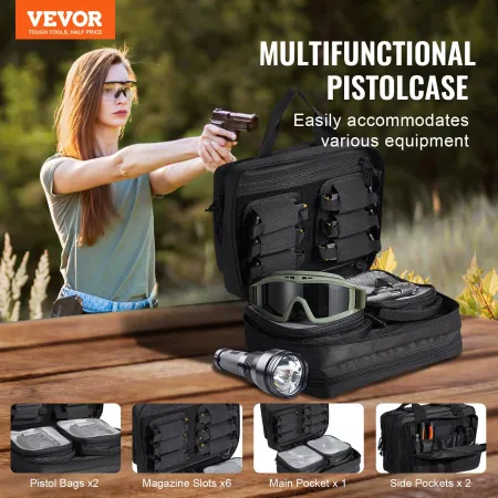 Range Bag for 2 Pistols, Tactical Gun Bag with 2 Built-in Removable Pistol Bags & 6 Detachable Magazines, Gun Range Bag for Outd