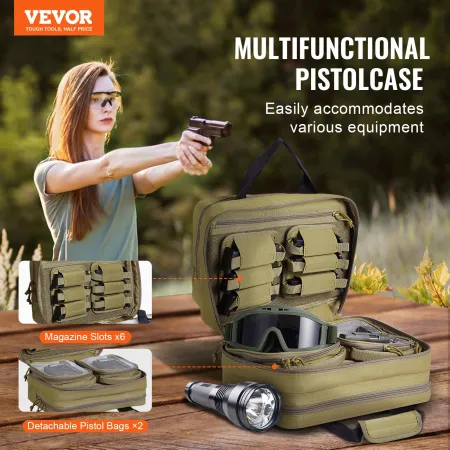 Range Bag for 2 Pistols, Tactical Gun Bag with 2 Built-in Removable Pistol Bags & 6 Detachable Magazines, Gun Range Bag for Outd