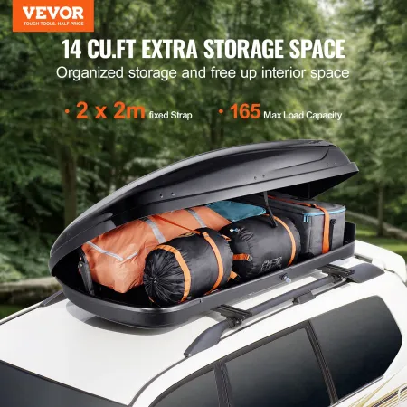 Rooftop Cargo Carrier, 14 Cubic Feet Roof Cargo Box, ABS Hard Shell Roof Box, with Dual-Sided Opening and 2 Reinforced Straps, A