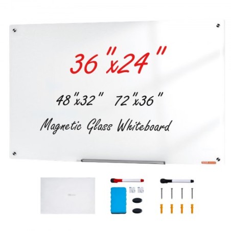 Magnetic Glass Whiteboard, Dry Erase Board 900 x 600 mm, Wall-Mounted Large White Glassboard Frameless, with Marker Tray, an