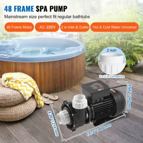Dual-speed Spa Pump, 48-frame Hot Tub Pump, 1100W / 35 MÂ³/h / 13 M High Speed or 250W / 14 MÂ³/h / 2.8 M Low Speed, 2 In/5.6 CM