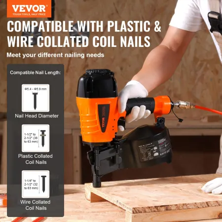 Coil Siding Nailer CN65, 1-1/4" to 2-1/2" 15 Degree Pneumatic Siding Nail Gun with Tool-Less Depth Adjustment, 70-120PSI Air Coi