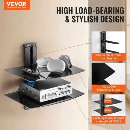 Glass Floating Shelves, Holds up to 18 lbs, TV Wall Mount with Shelf，Strengthened Floating Entertainment Center for DVD Players 