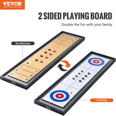 Shuffleboard and Curling 2 in 1 Board Games, 45" Portable Tabletop Set, Two Sided Tabletop Shuffleboard with 8 Rolling Pucks, Sh