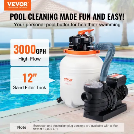 Sand Filter Pump for Above Ground Pools, 300 mm/12-inch, 10,000 L/H, 285W Swimming Pool Pumps System & Filters Combo Set with 6-