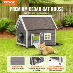 Outdoor Cat House Wooden Feral Cat Shelter with Roof Door Flaps & Window