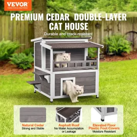 Outdoor Cat House 2-story Wooden Feral Cat Shelter with  Balcony & Roof