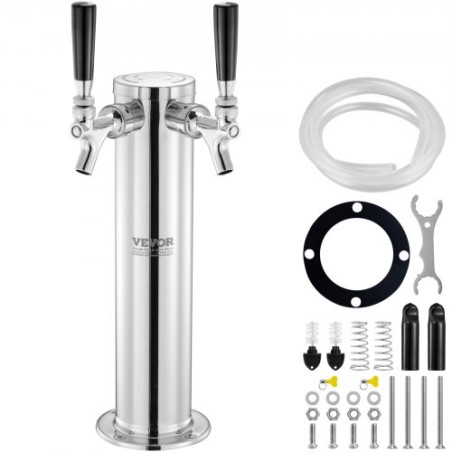 Dual Taps Draft Beer Tower Dispenser, Stainless Steel Keg Beer Tower, Kegerator Tower Kit with Pre-Assembled Tubing and