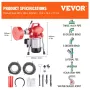 Drain Cleaner Machine 120ft x 5/8in 370W Sectional Snake Auger