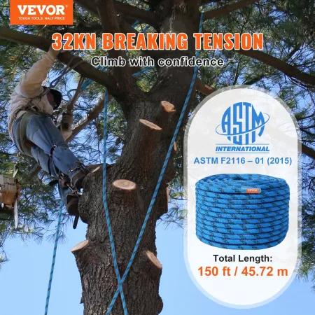 12.7mm Static Climbing Rope, 45.7M(150ft) Outdoor Rock Climbing Rope 30KN Breaking Tension, Fiber Rope with Steel Snap Hooks for