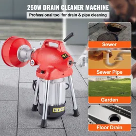 Drain Cleaner Machine 66ft X 5/8in 250W Sectional Snake Auting Manual Feed