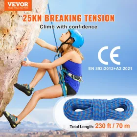 10.2mm Dynamic Climbing Rope 70M(230ft) Outdoor Rock Climbing Rope Blue