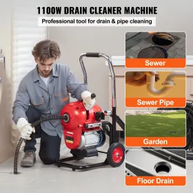 Drain Cleaner Machine 120FT x 6/5" 1100W Sectional Snake Auger Manual Feed
