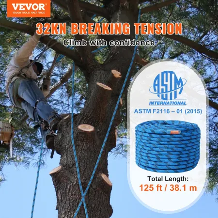 12.7mm Static Climbing Rope, 38M(125ft) Outdoor Rock Climbing Rope 30KN Breaking Tension, Fiber Rope with Steel Snap Hooks for E