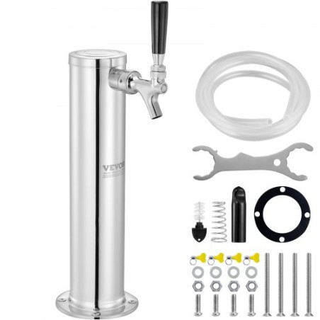 Single Faucet Draft Beer Tower Dispenser, Stainless Steel Keg Beer Tower, Kegerator Tower Kit with Pre-Assembled Tubing and