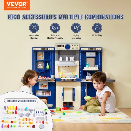 Kids Kitchen Playset, 3-in-1 Toddler Kitchen with Simulated Spray, Sounds and Lights, Play Kitchen Set with 74 PCS Cooking Acces
